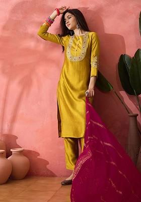 Mustard Embroidered Blended Kurta Set