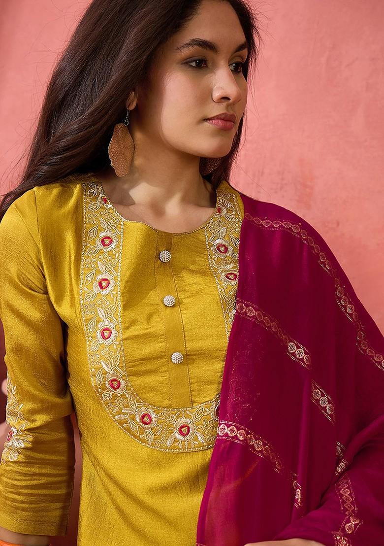 Mustard Embroidered Blended Kurta Set - Indya