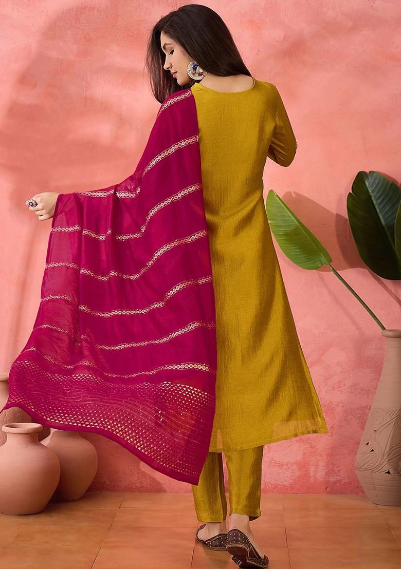 Mustard Embroidered Blended Kurta Set - Indya