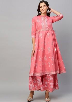 Pink Printed Blended Kurta Set