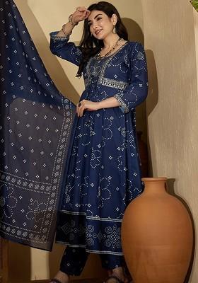 Blue Printed Blended Kurta Set