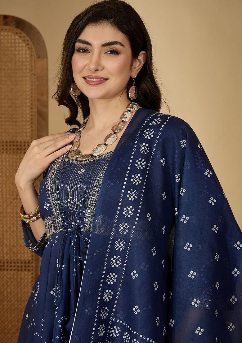 Blue Printed Blended Kurta Set - Indya