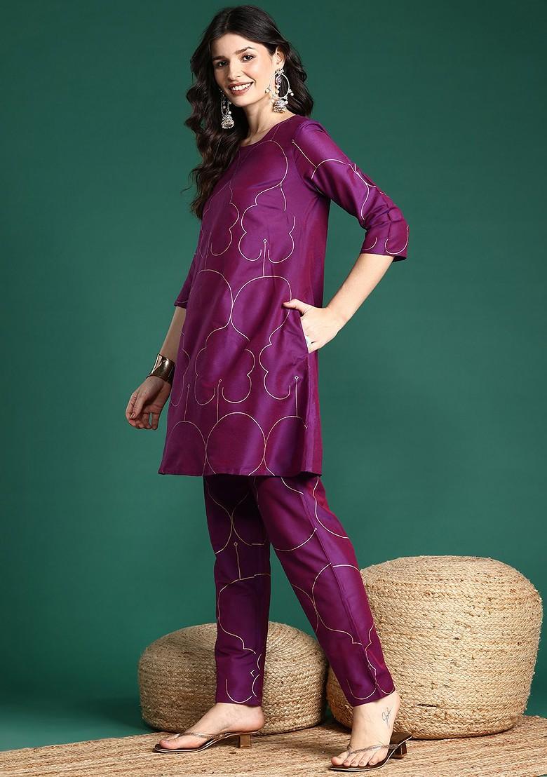 Purple Printed Blended Kurta Set - Indya