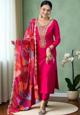 Pink Embroidered Blended Kurta Set