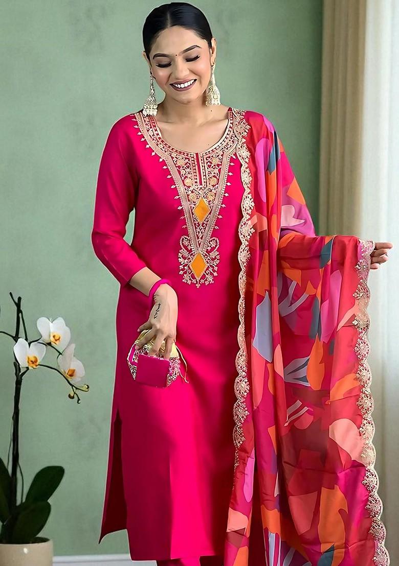 Pink Embroidered Blended Kurta Set - Indya