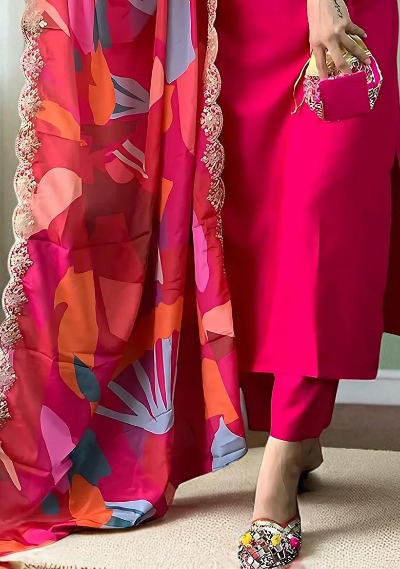 Pink Embroidered Blended Kurta Set - Indya
