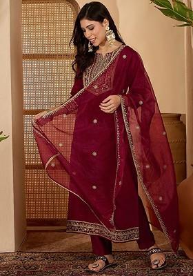 Maroon Embroidered Blended Kurta Set