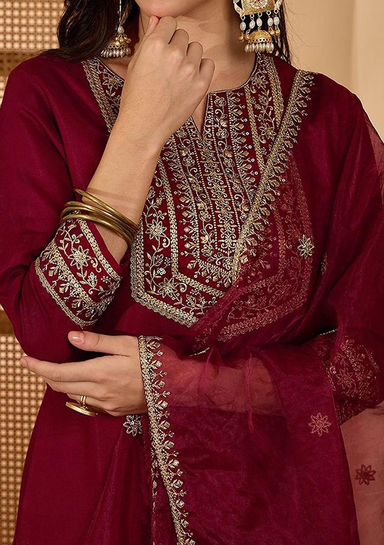 Maroon Embroidered Blended Kurta Set - Indya