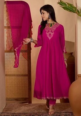 Magenta Embroidered Blended Kurta Set