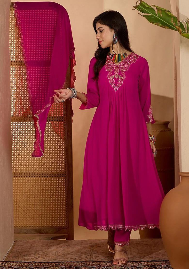 Magenta Embroidered Blended Kurta Set - Indya