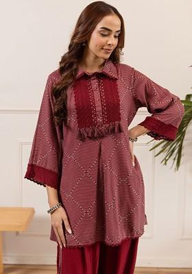 Maroon Printed Blended Kurta Set