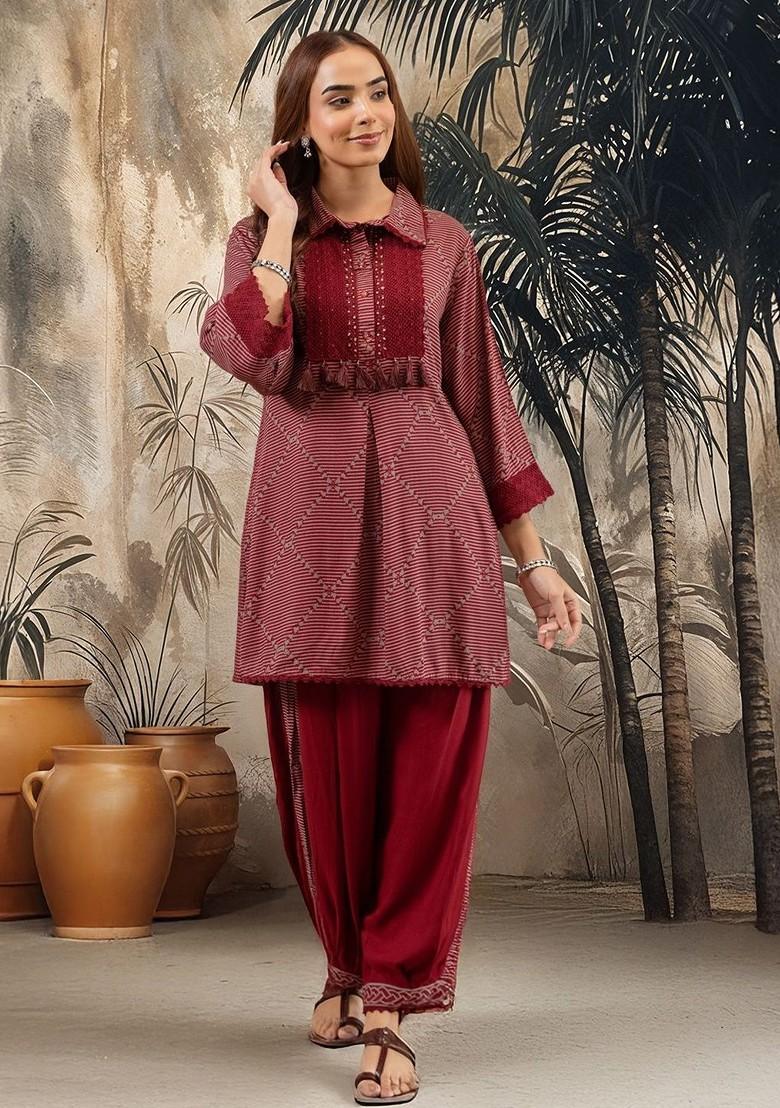 Maroon Printed Blended Kurta Set - Indya