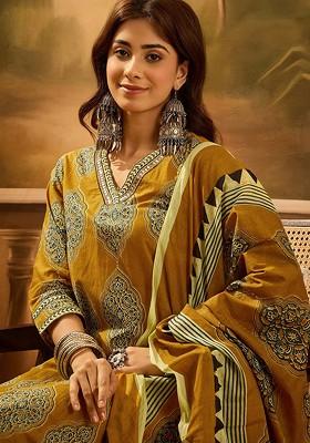 Mustard Printed Blended Kurta Set