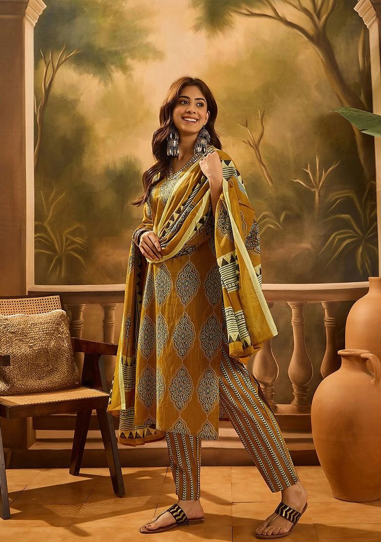 Mustard Printed Blended Kurta Set - Indya