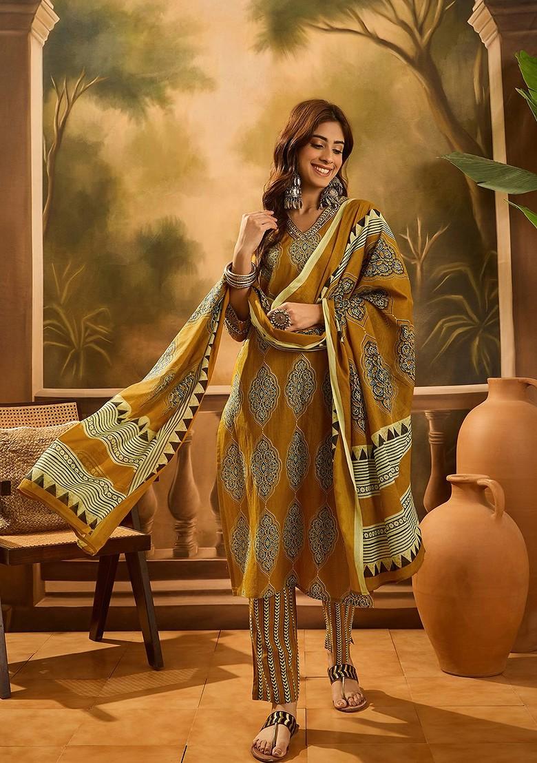 Mustard Printed Blended Kurta Set - Indya