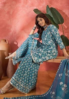 Blue Printed Blended Kurta Set