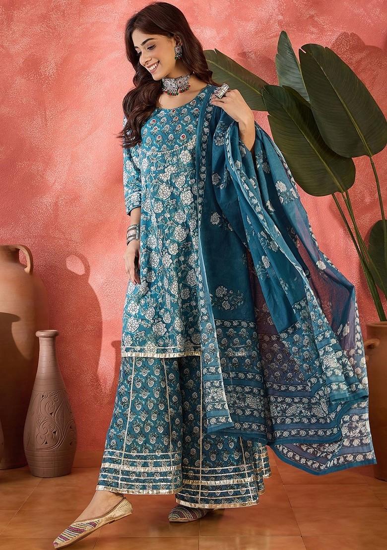 Blue Printed Blended Kurta Set - Indya