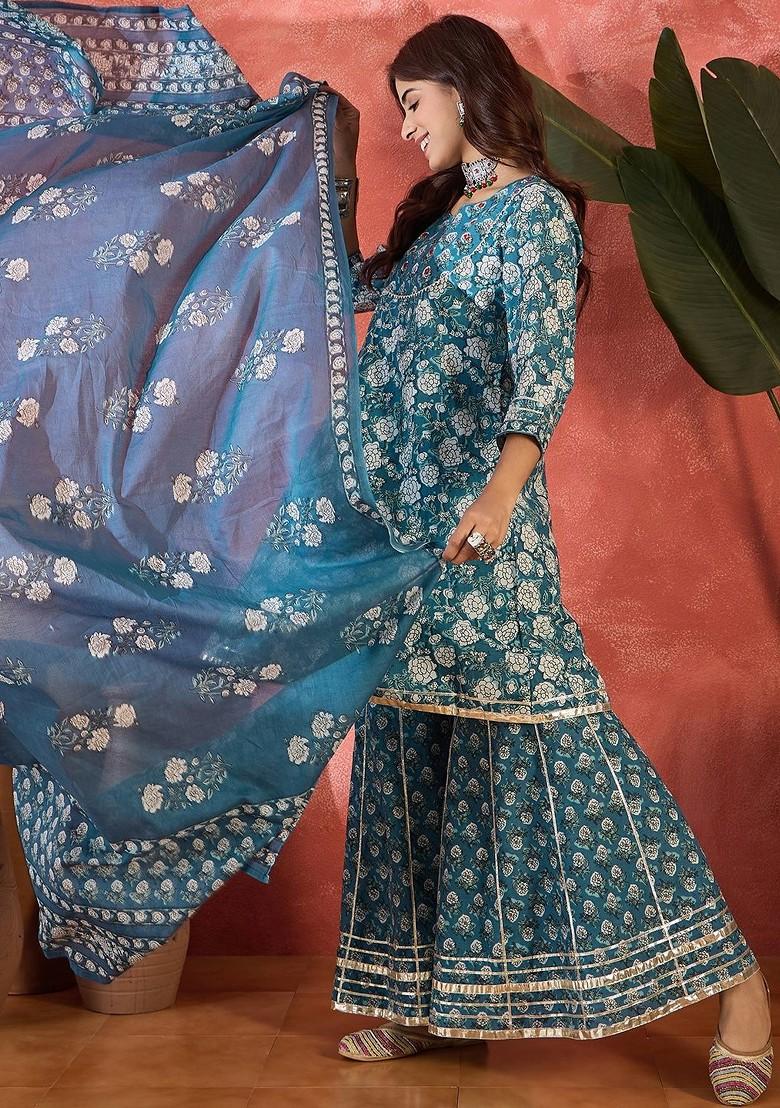 Blue Printed Blended Kurta Set - Indya