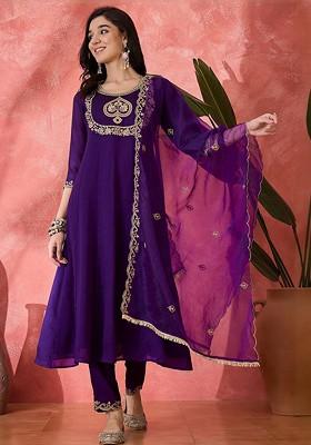 Purple Embroidered Blended Kurta Set