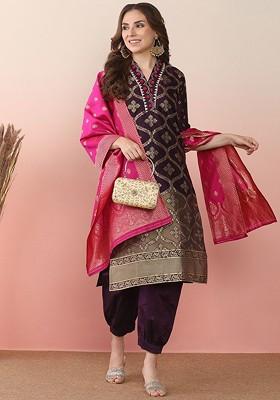 Purple Embroidered Blended Kurta Set