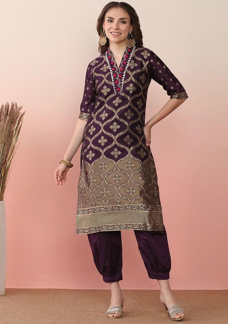 Purple Embroidered Blended Kurta Set - Indya
