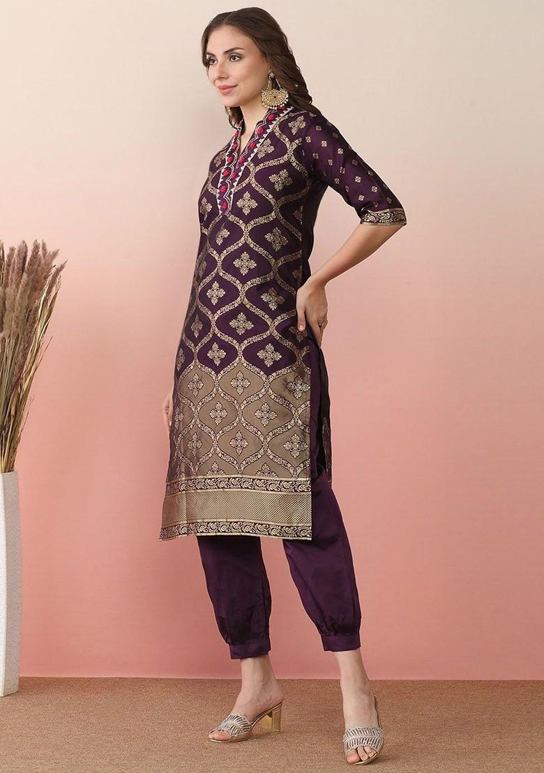 Purple Embroidered Blended Kurta Set - Indya