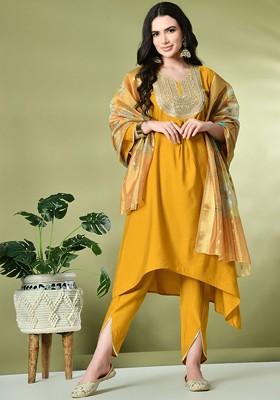 Mustard Sequinned Blended Kurta Set