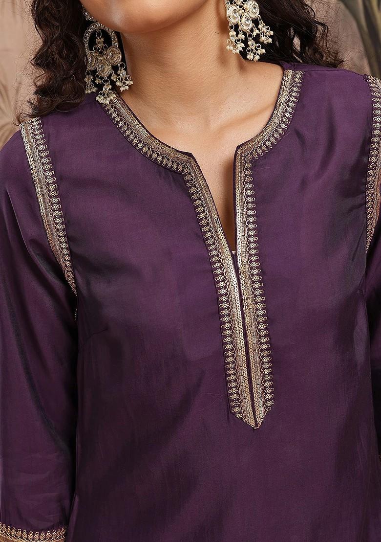 Purple Yoke Design Blended Kurta Set - Indya