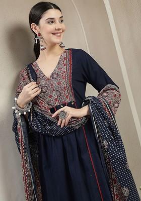 Blue Printed Blended Kurta Set