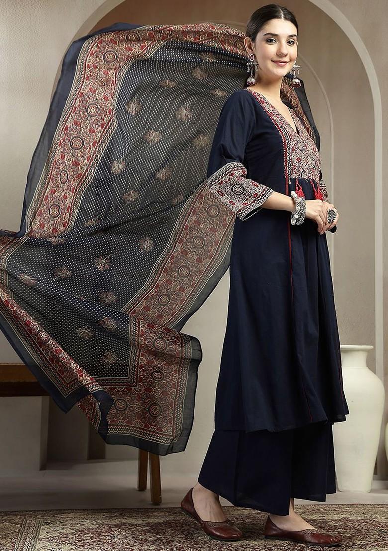 Blue Printed Blended Kurta Set - Indya
