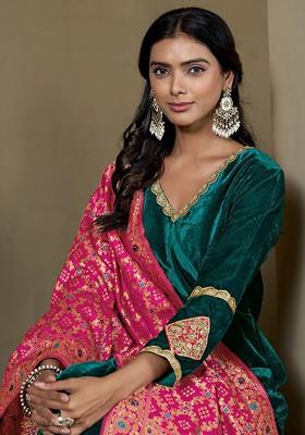 Teal Embroidered Blended Kurta Set