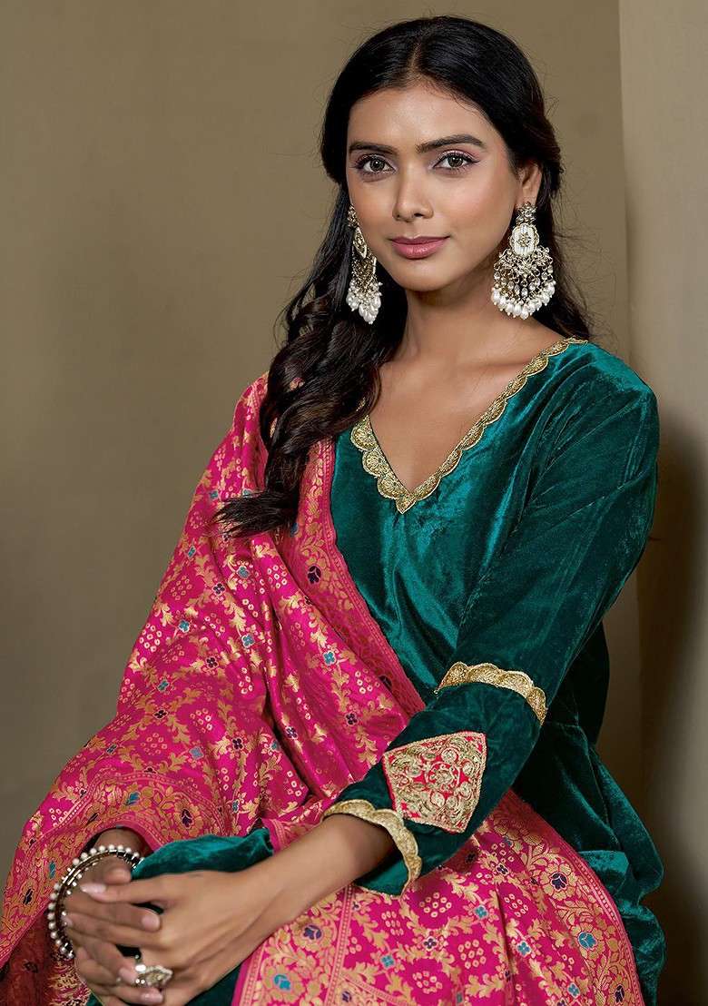 Teal Embroidered Blended Kurta Set - Indya