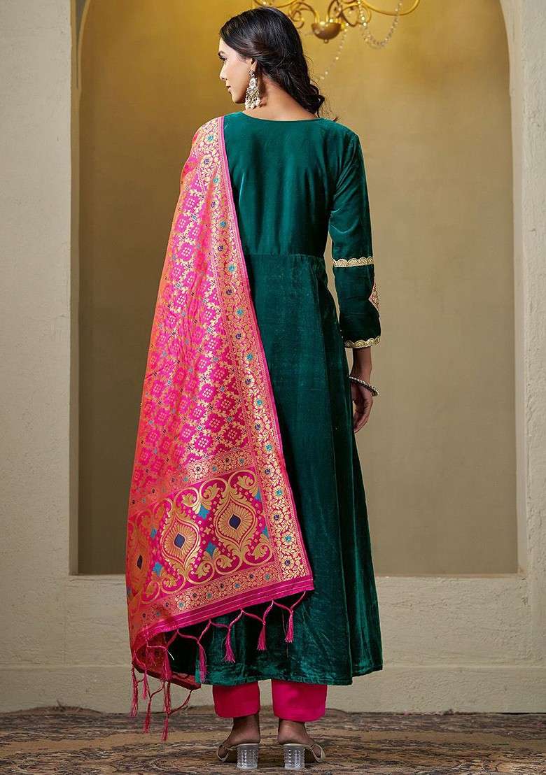 Teal Embroidered Blended Kurta Set - Indya