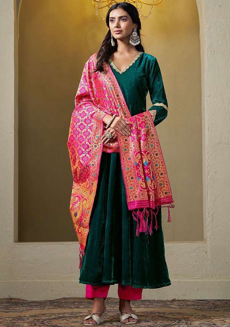 Teal Embroidered Blended Kurta Set - Indya