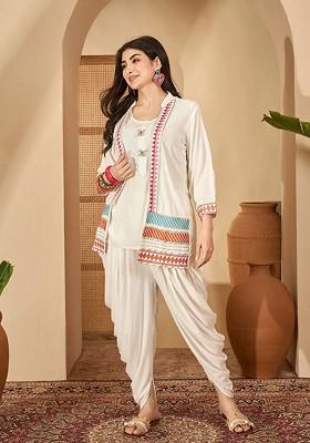 White Embroidered Blended Kurta Set