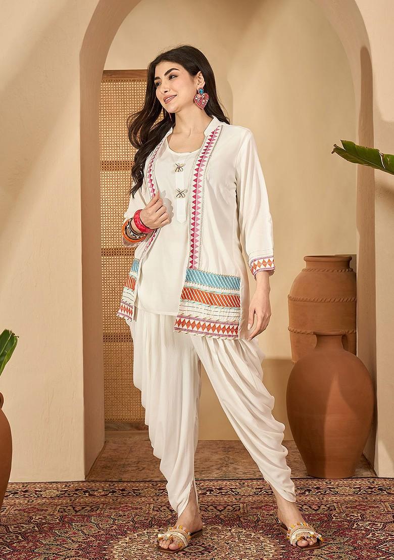 White Embroidered Blended Kurta Set - Indya