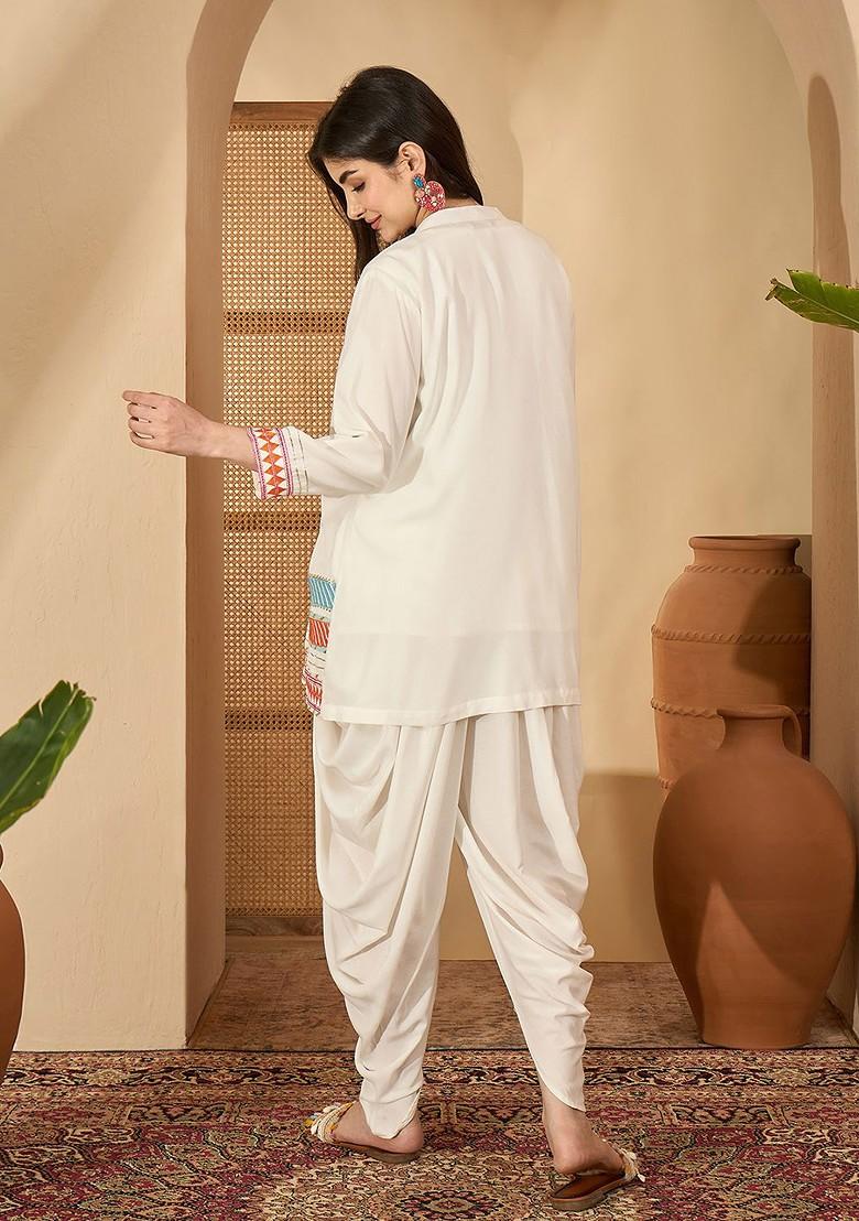 White Embroidered Blended Kurta Set - Indya