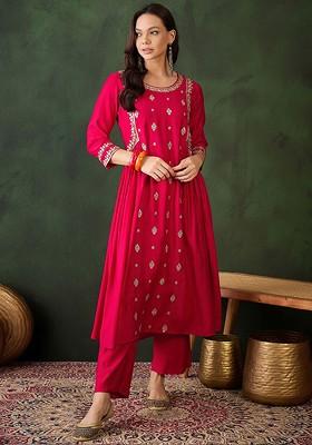 Red Embroidered Blended Kurta Set