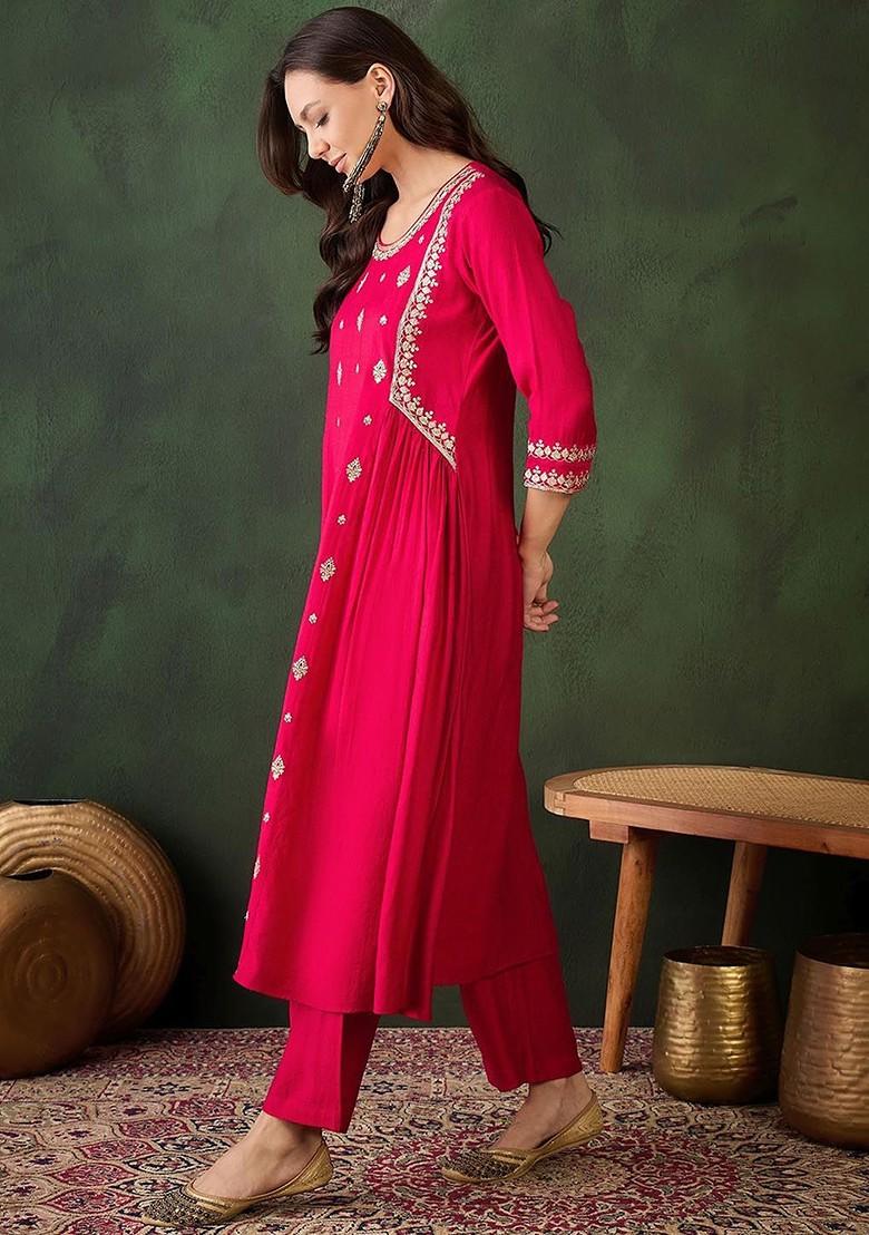 Red Embroidered Blended Kurta Set - Indya