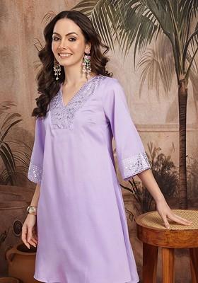 Lavender Printed Blended Kurta Set
