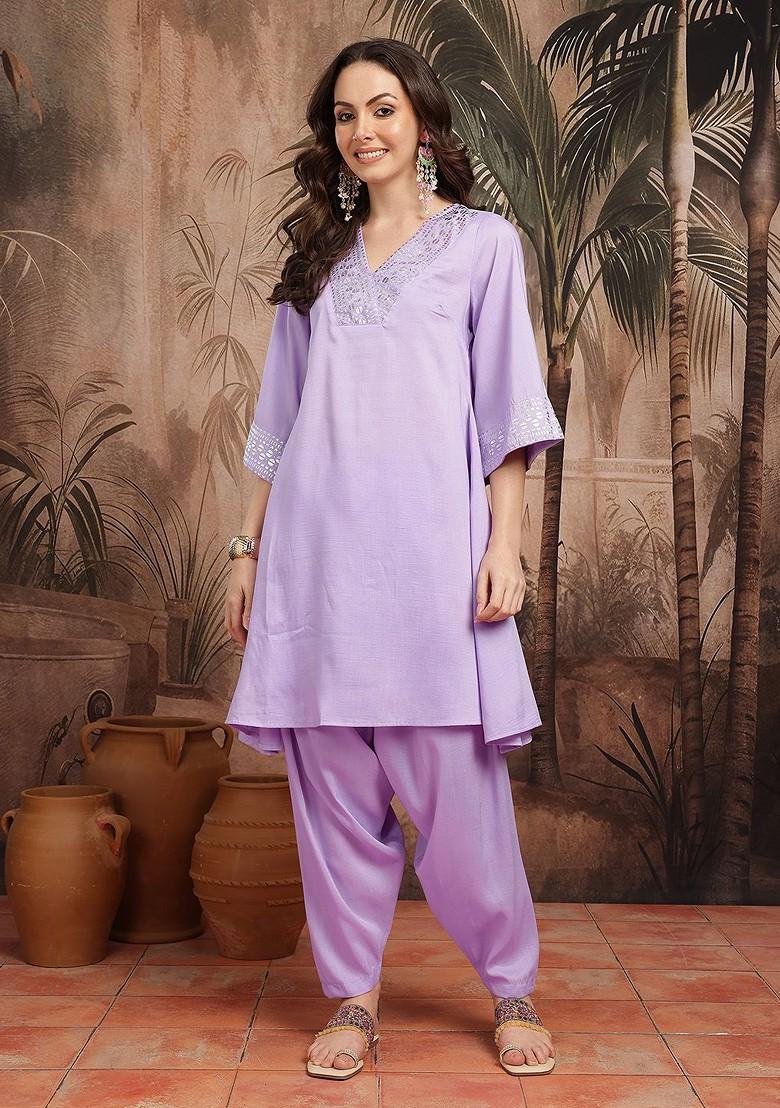 Lavender Printed Blended Kurta Set - Indya