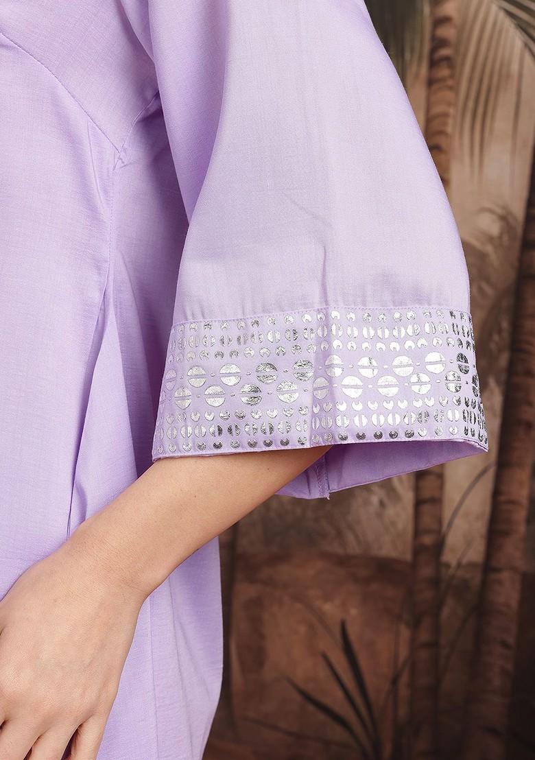 Lavender Printed Blended Kurta Set - Indya