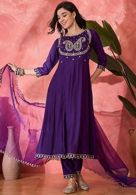 Purple Embroidered Blended Kurta Set