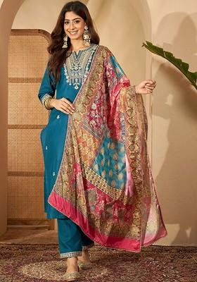 Teal Embroidered Blended Kurta Set