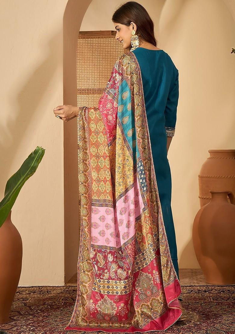 Teal Embroidered Blended Kurta Set - Indya