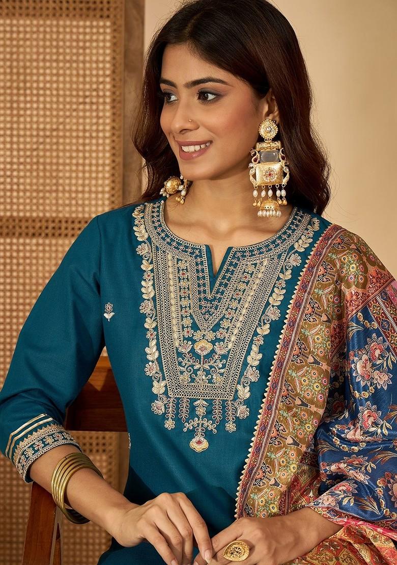 Teal Embroidered Blended Kurta Set - Indya