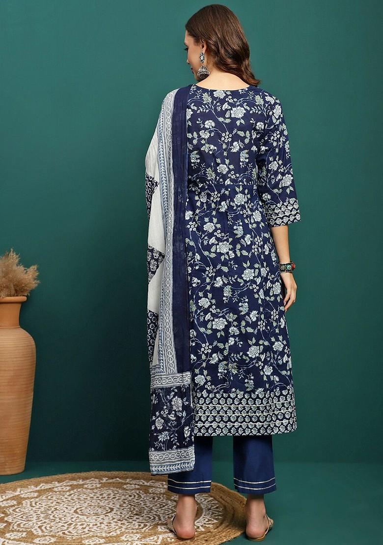 Blue Printed Blended Kurta Set - Indya