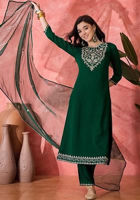Green Embroidered Blended Kurta Set