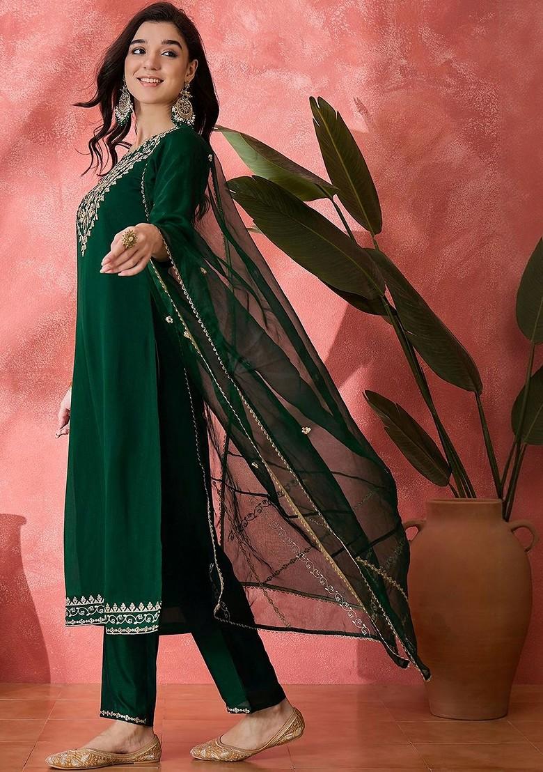 Green Embroidered Blended Kurta Set - Indya