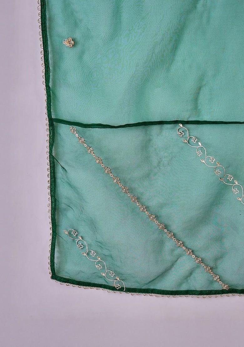 Green Embroidered Blended Kurta Set - Indya